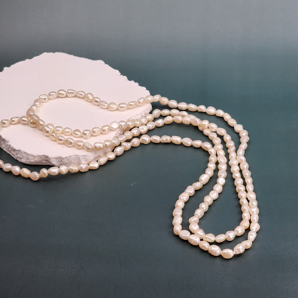 Baroque Pearl-Like Bead Long Strand Necklace Cream White Organic Boho Layering
